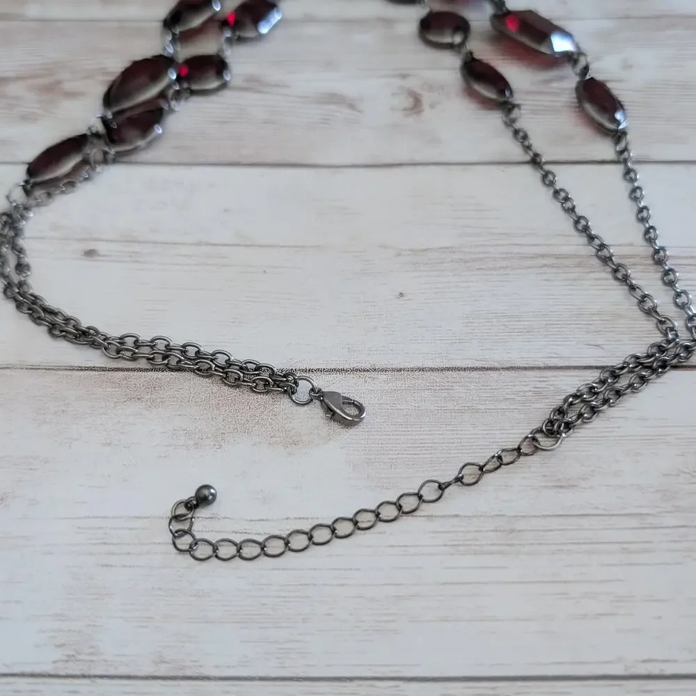Vintage Necklace Dark Red and Dark Silver Tone / Grey Statement Necklace